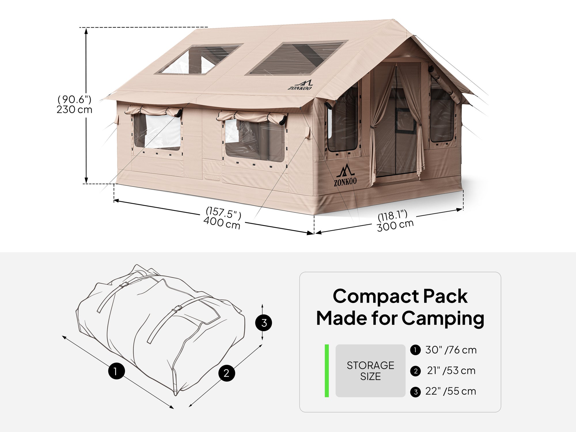 Zonkoo Vega large inflatable tent packed for car camping storage